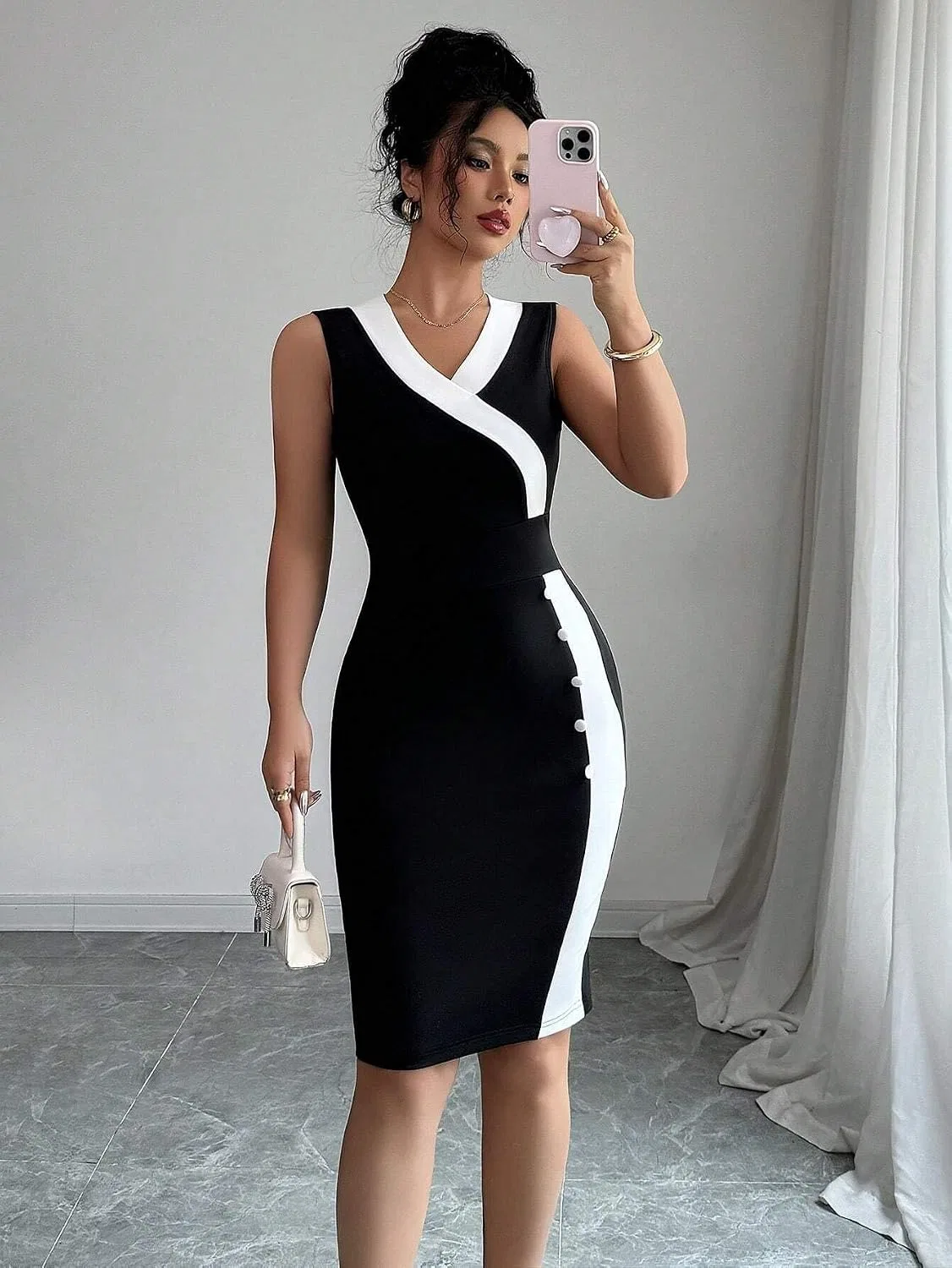 Женское цветовое блочное платье-футляр Bodycon с разрезом, Black — фото 2