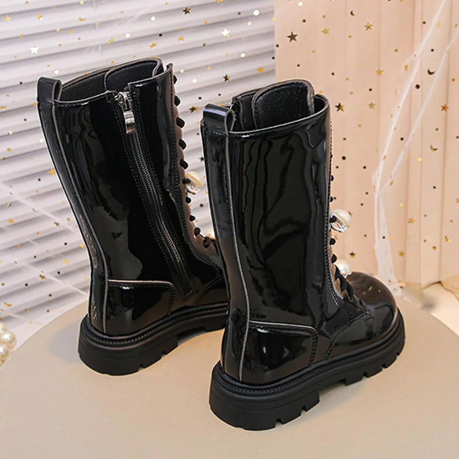 Детские ботинки для девочек с жемчугом Combat Boots Zzalalana, Black — фото 3