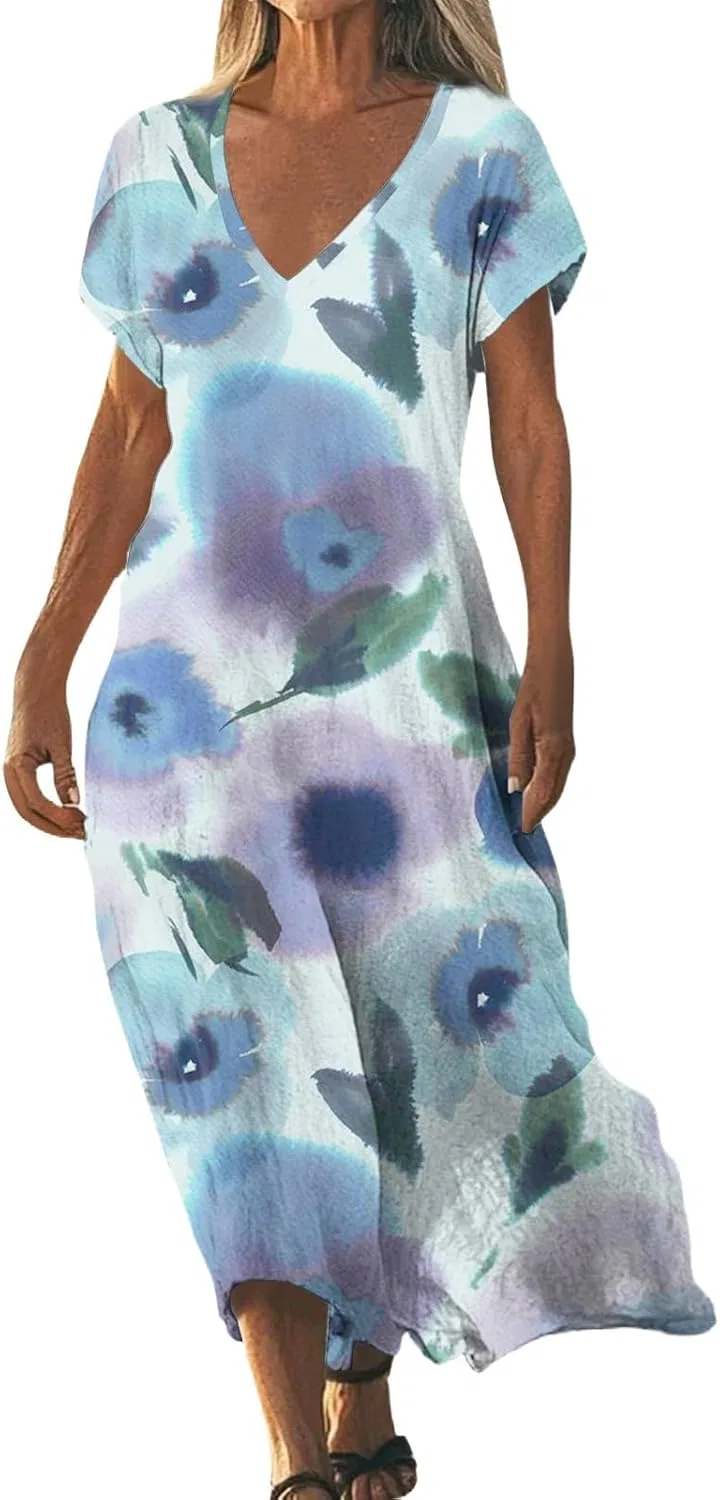 Женское летнее платье макси с V-образным вырезом Floral, Cyan