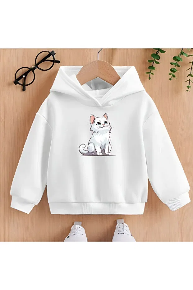 Детское для девочек свитшот с принтом Cute White Cat Cda, White — фото 2