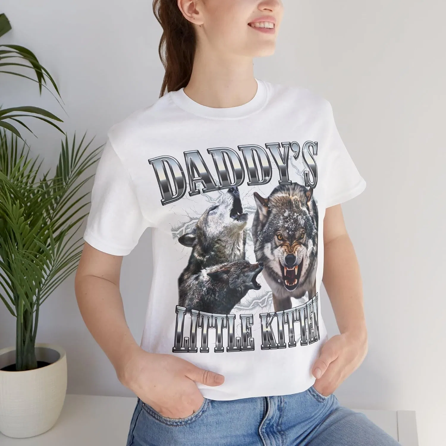 Женская футболка с принтом Daddy's Little Kitten, белый — фото 2