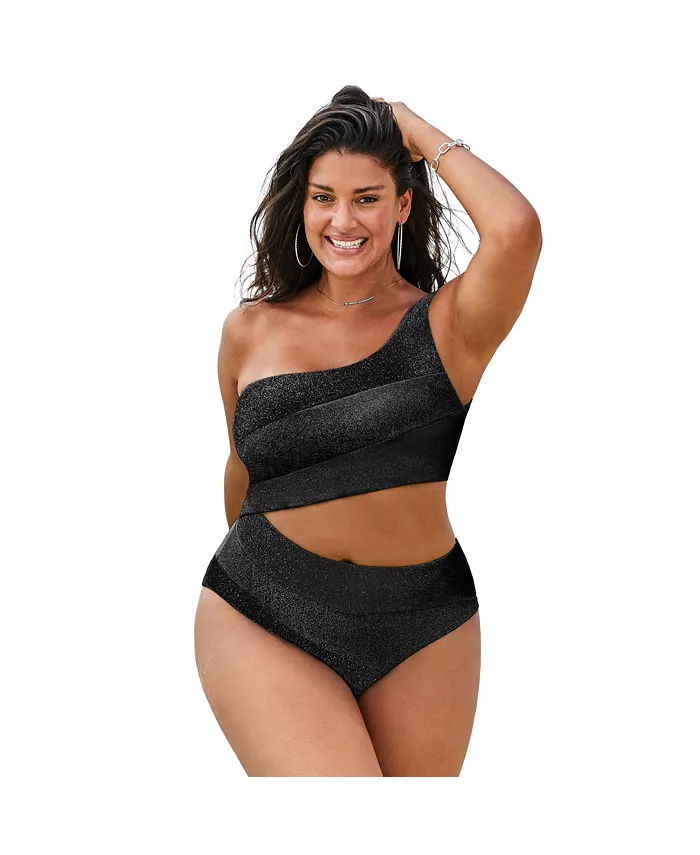 

Женский купальник One Shoulder Color Block Cutout One Piece с асимметричным кроем и цветными блоками Swimsuits for All, черный