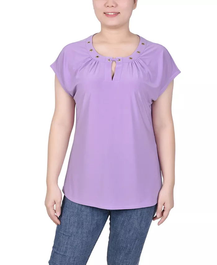 

Укороченный топ с воротником на люверсах и удлиненными рукавами Petite Grommet Neck Knit NY Collection, фиолетовый