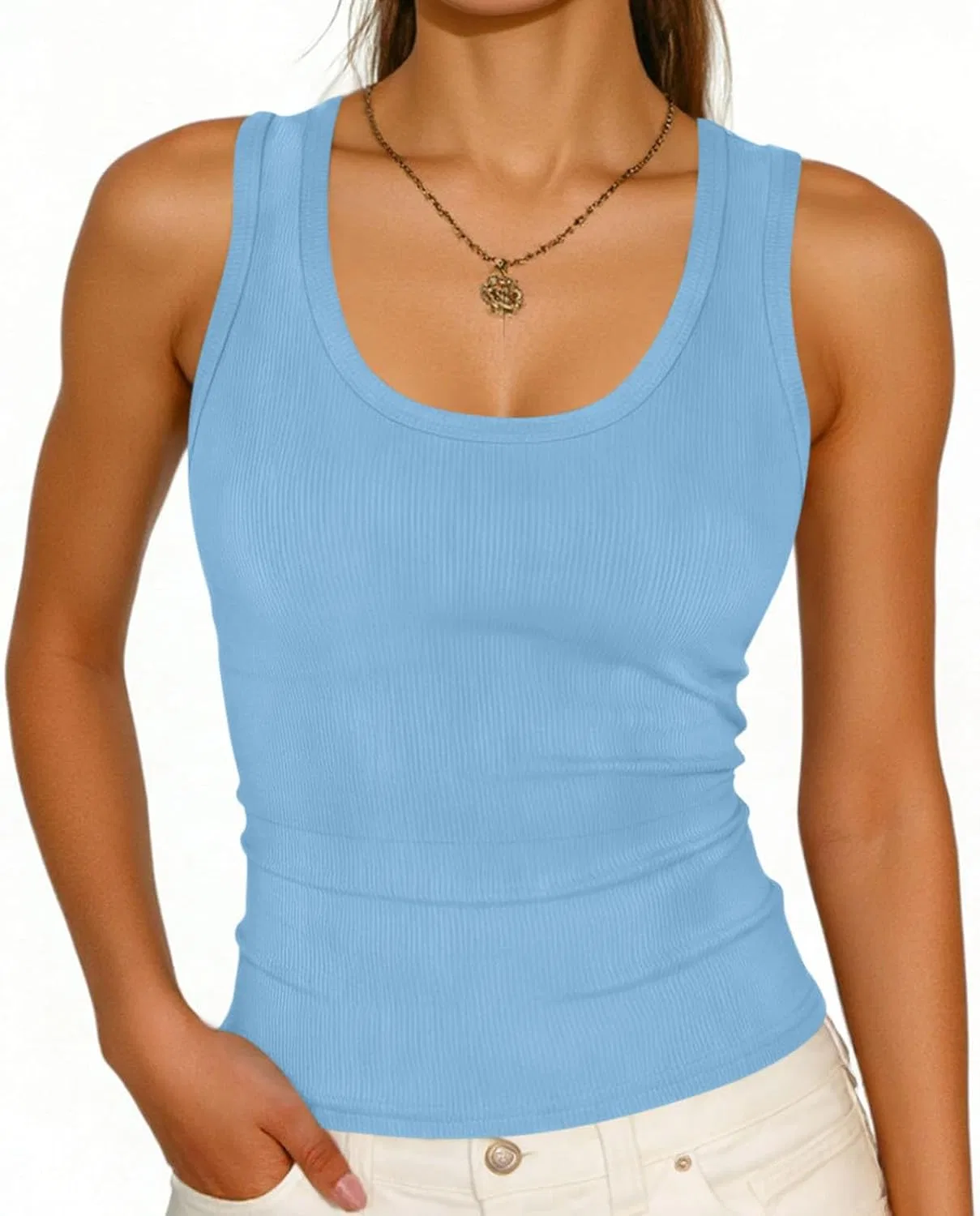 Женский топ с круглым вырезом, без рукавов, ребристый трикотаж, Light Blue — фото 2