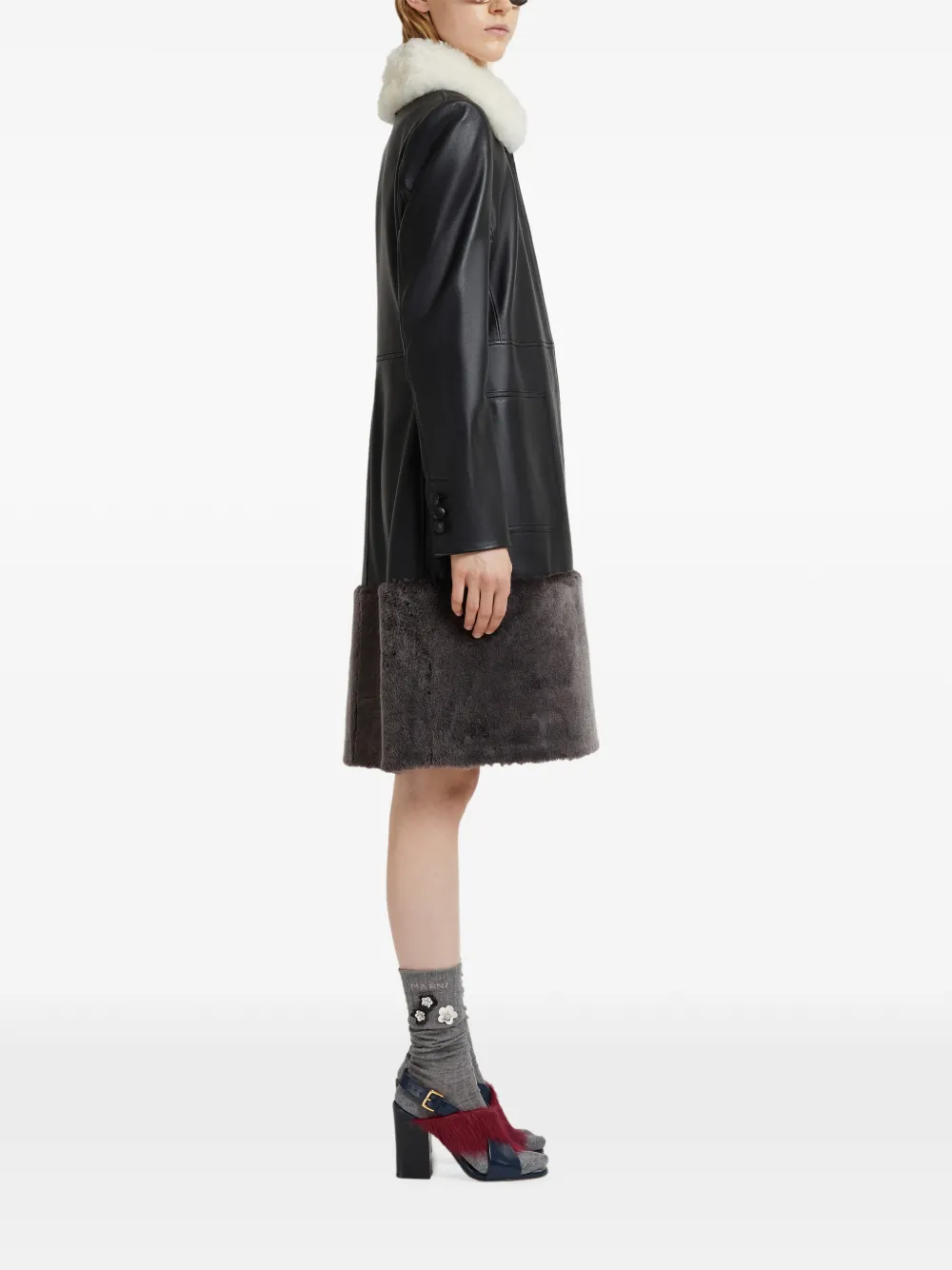 Кожаное пальто с отделкой из овчины Marni, черный — фото 3