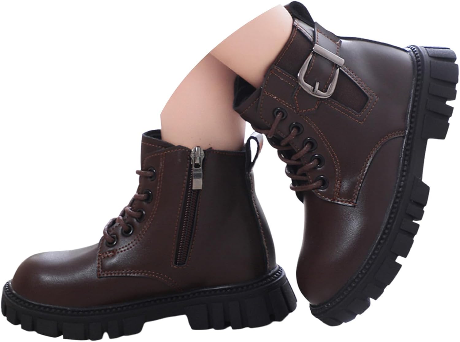 

Девочкам однотонные ботильоны на зиму, модные с боковой молнией, шнуровкой, боевые ботинки, удобные короткие ботильоны из кожи, в стиле панк и готика, с протекторной подошвой, для маленьких детей Generic, Coffee