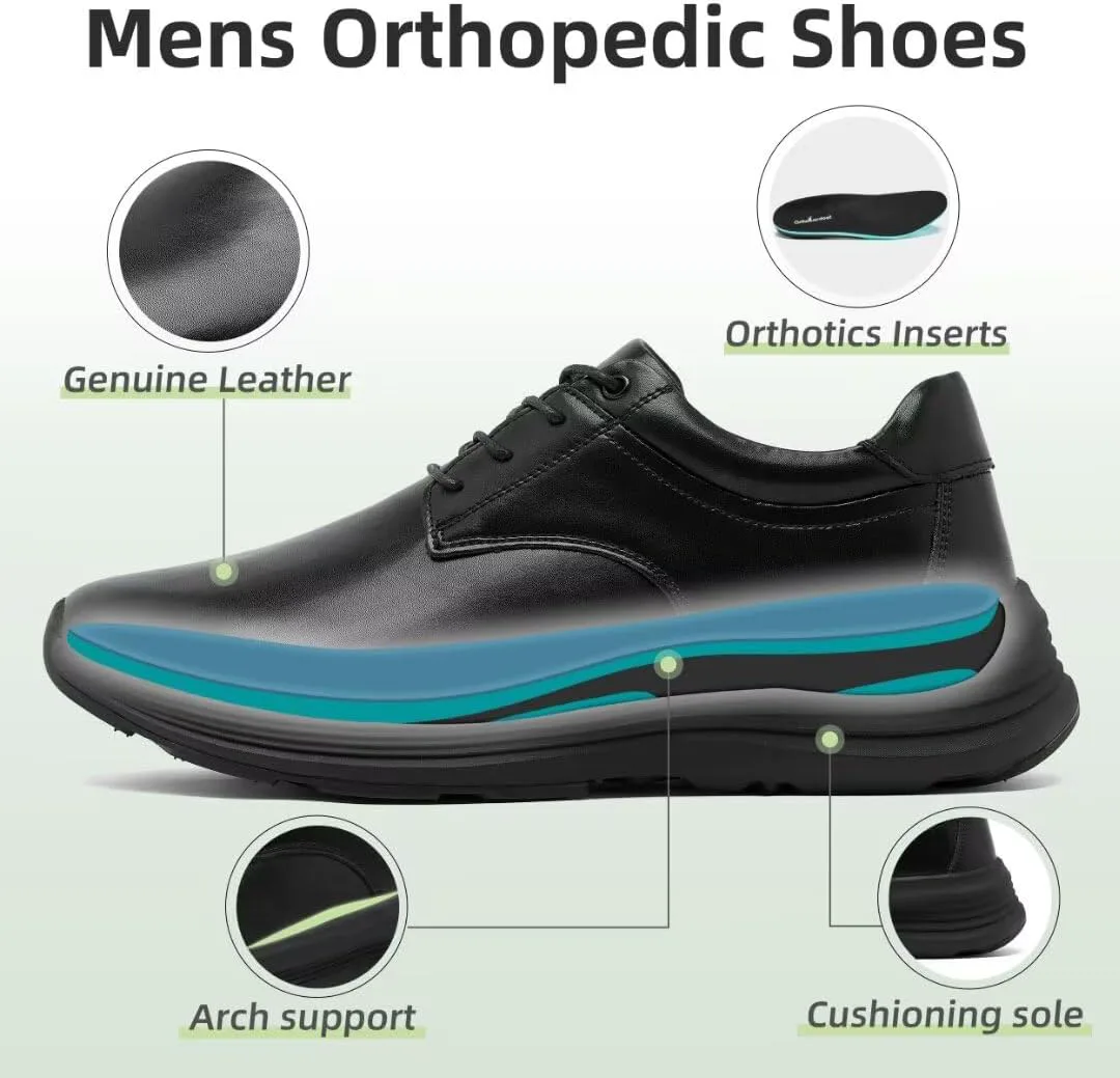 Мужские ортопедические кожаные туфли OrthoComfoot: комфортная поддержка свода стопы, деловые рабочие оксфорды при подошвенном фасците, ортопедические повседневные кроссовки с толстой подошвой для облегчения боли в ногах и пятках, черный — фото 3