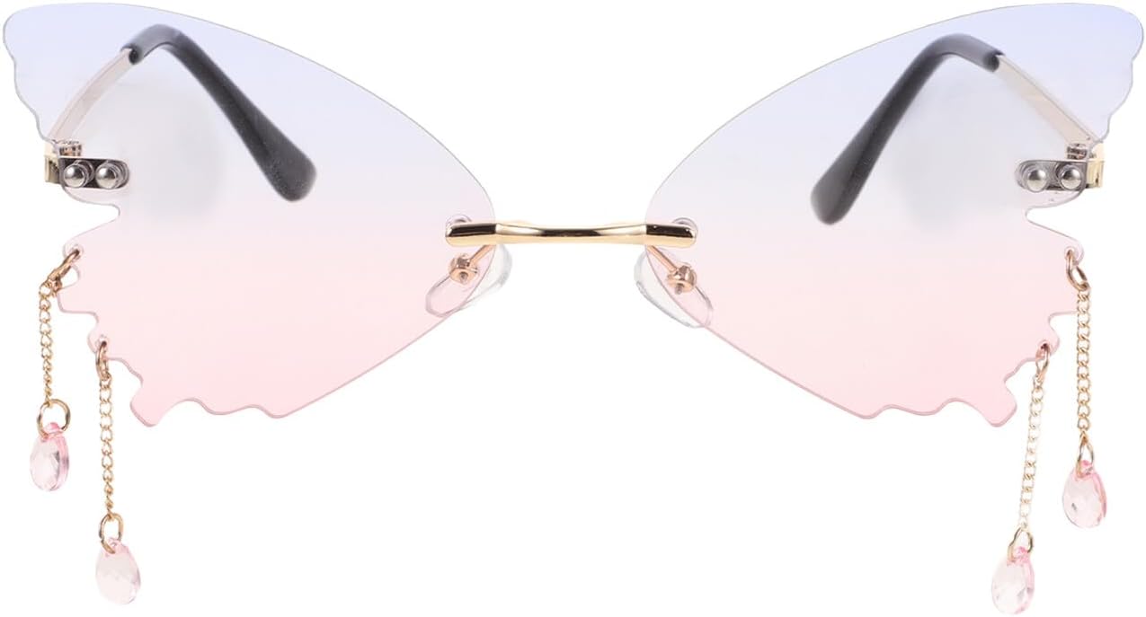 

Женские солнцезащитные очки Beaupretty Butterfly без оправы, сине-розовые линзы, золотая оправа, стильные аксессуары для вечеринок, крутые диско-очки, Multi -Material:Copper