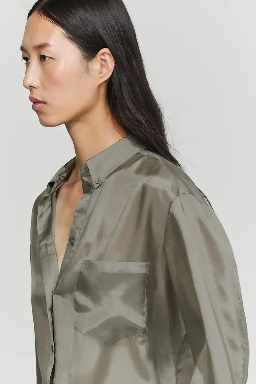 Рубашка Massimo Dutti из купро с нагрудным карманом, серо-зеленый — фото 3