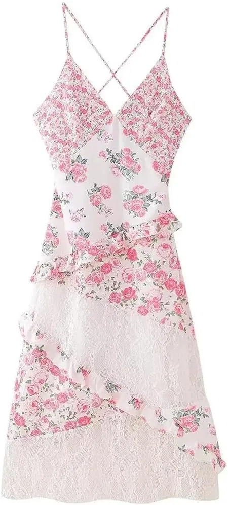 Женское платье с цветочным принтом и кружевом A-силуэта, Floral Dress