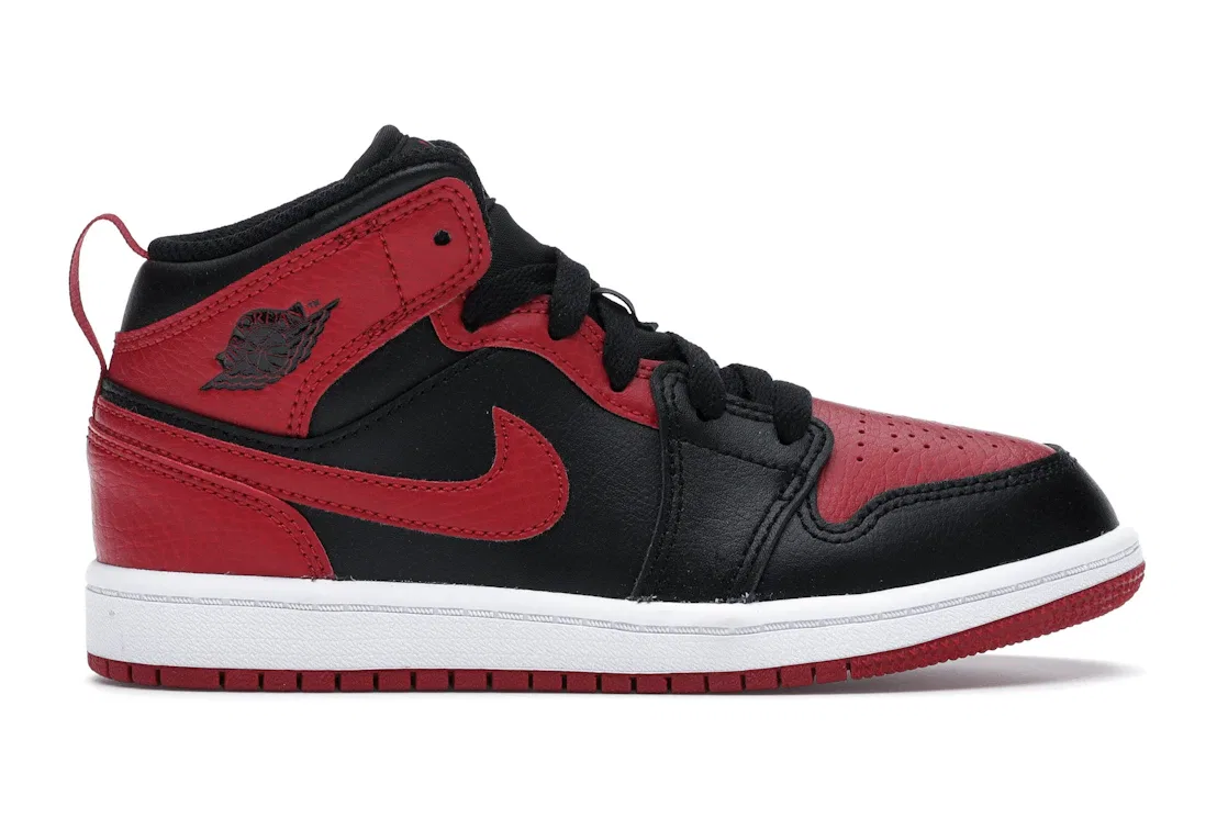 Детские кроссовки с контрастной отделкой Jordan 1 Mid Banned (2020) (PS) Jordan, Black/University Red-Black-White