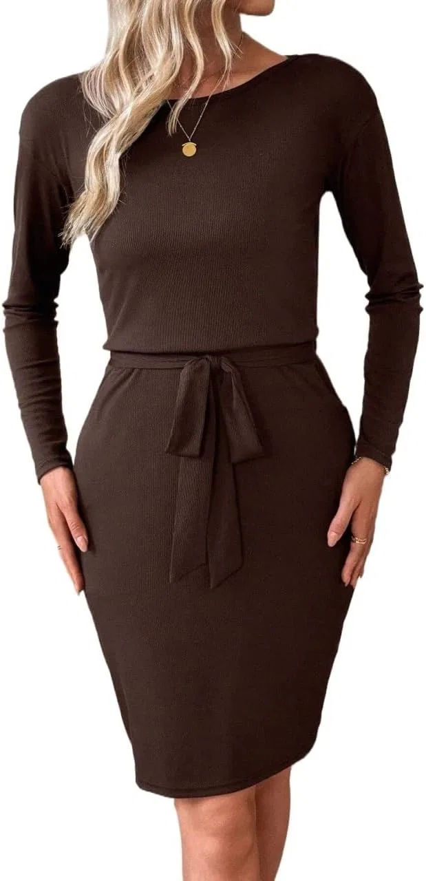 Женское приталенное платье с поясом Casual, Brown