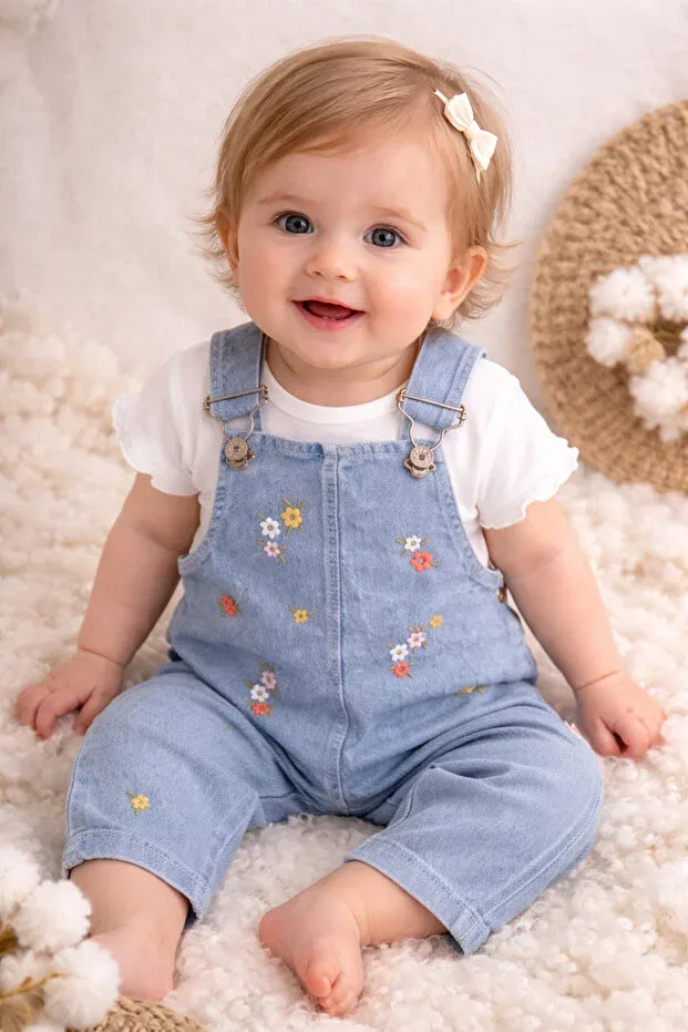 Детский комбинезон для девочек с цветочным принтом Tiny flower embroidery detailed short sleeve baby girl salopet set of 2 Aslin Store, Ecru — фото 2