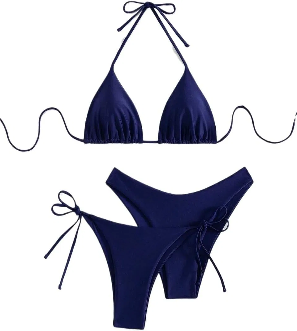 Женский 3-предметный бикини-сет с высокой талией Halter, Navy Blue