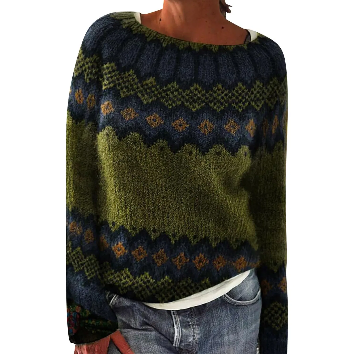 Женский свитер с принтом Fair Isle HUIFUAO, A03 Green #1
