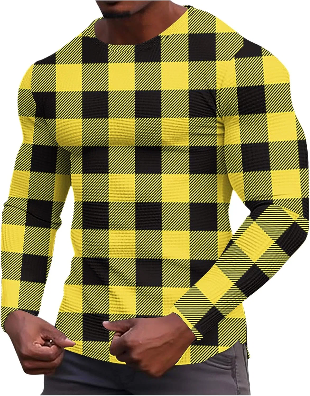 Мужской лонгслив вафельной вязки с клеткой, Yellow