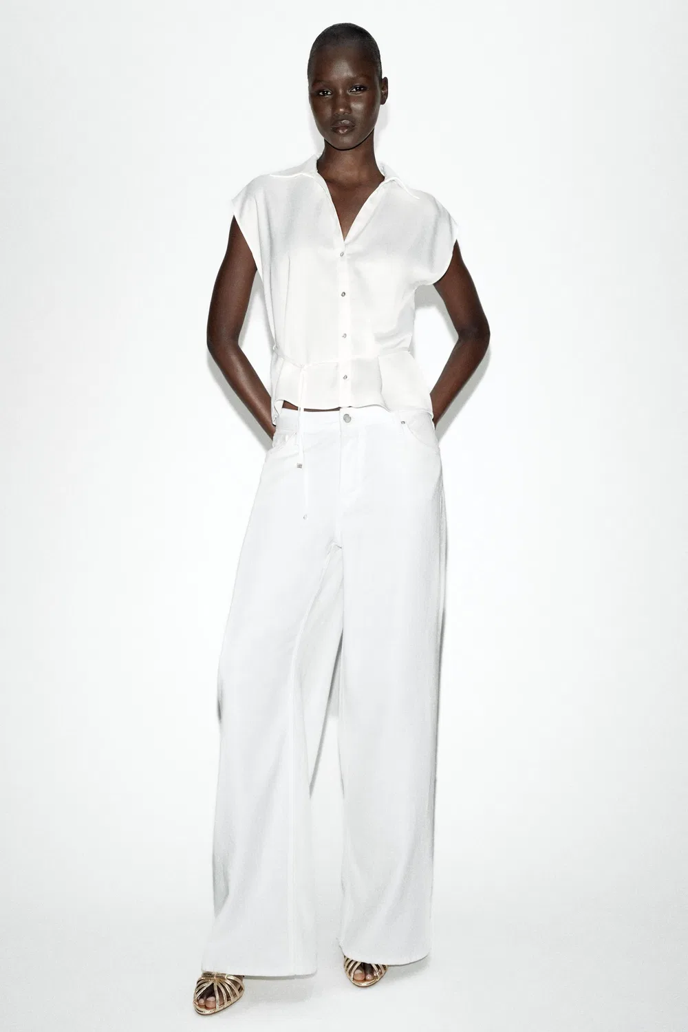 Атласная рубашка с короткими рукавами и поясом ZARA, White