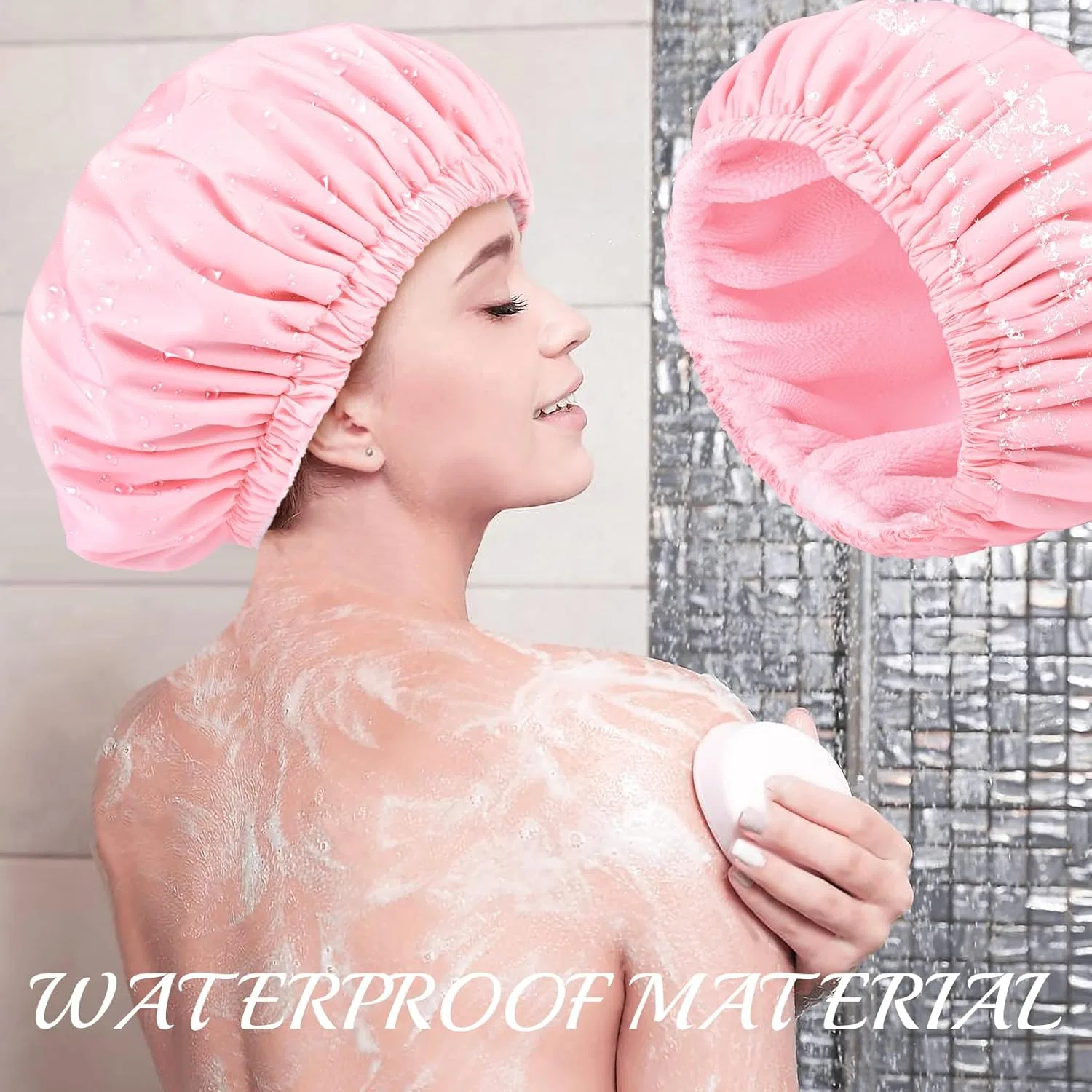 Шапочка для душа с подкладкой из махровой ткани, Aileam, Large, Pink — фото 3