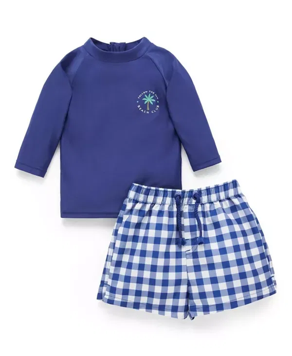 Детский купальный комплект для мальчиков с принтом Boys' Board Short & Rashie Set Purebaby, Marine Gingham