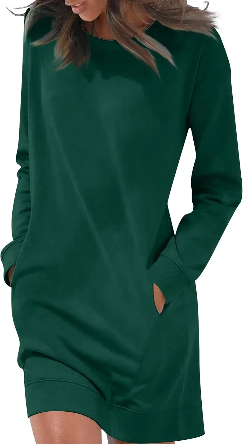 Платье повседневное с длинным рукавом и карманами, Dark Green