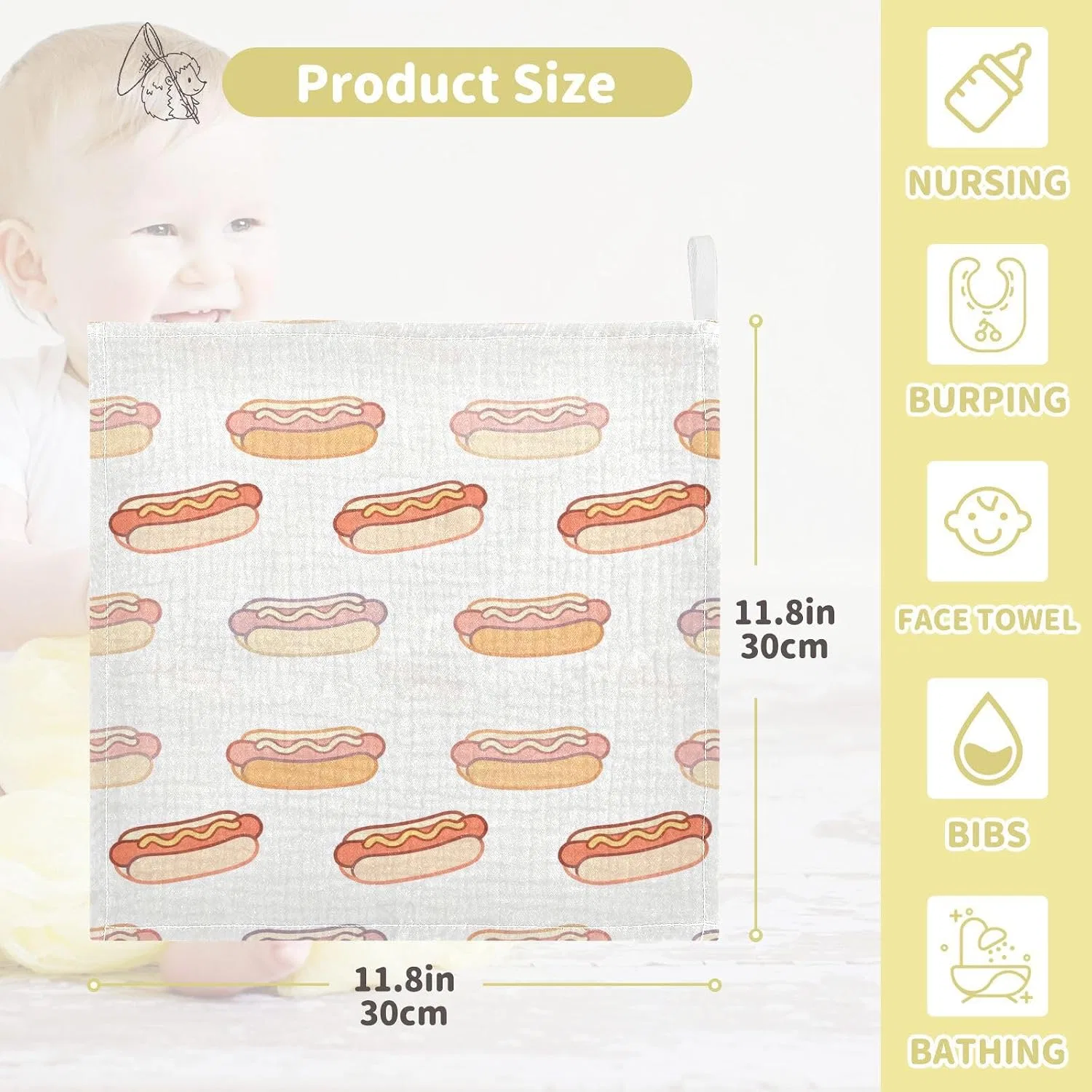 Марлевая салфетка для лица Hot Dog Pattern, GuoChe, 4 слоя, 30x30 см — фото 4