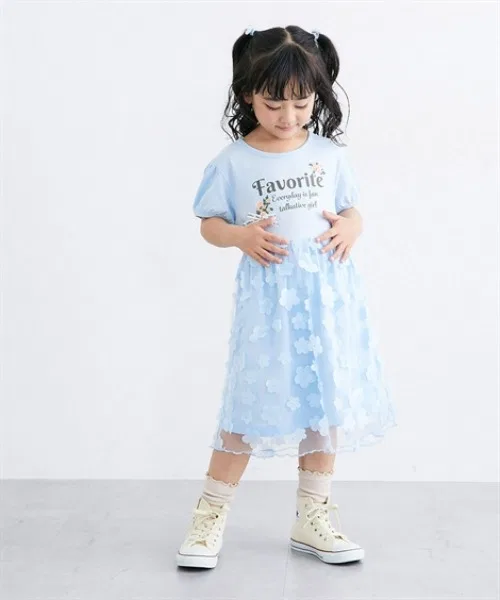 Детское платье для девочек с цветочным принтом, полурукав, модель Flower Motif Tulle QUNTSTYLE, Pink — фото 2