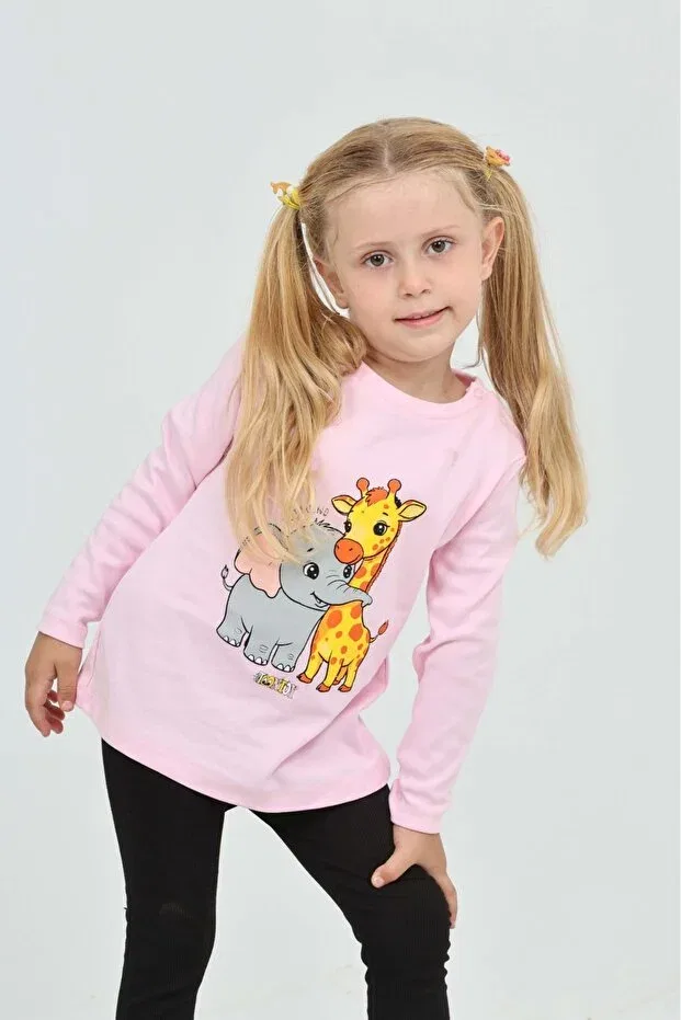 Детские свитшот для девочек с принтом Giraffe Elephant Printed Toontoy, Pink — фото 2