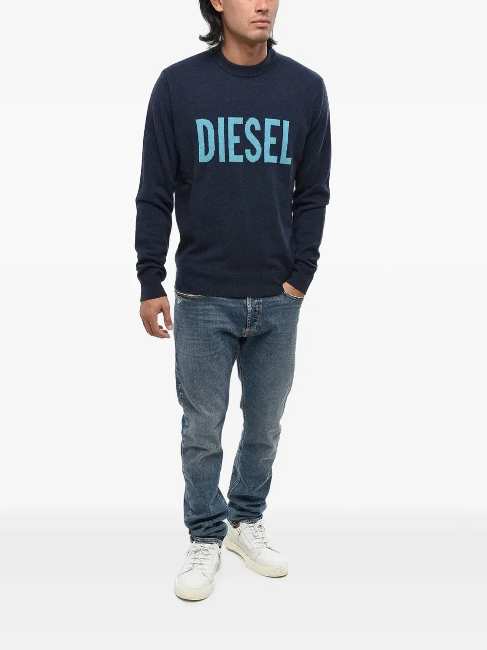 Свитер с круглым вырезом и логотипом жаккардовым плетением Diesel, синий — фото 2