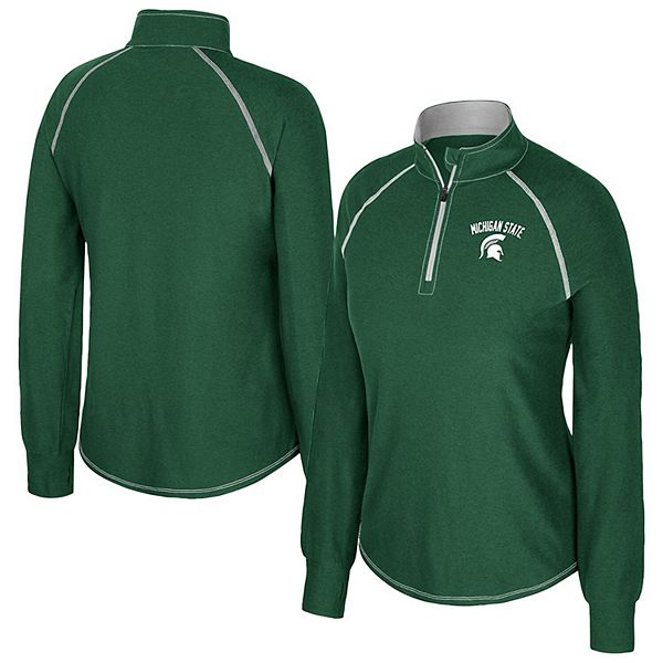

Женская зеленая футболка Michigan State Spartans Bikram Raglan с молнией на четверть Colosseum, Зеленый, Женская зеленая футболка Michigan State Spartans Bikram Raglan с молнией на четверть Colosseum