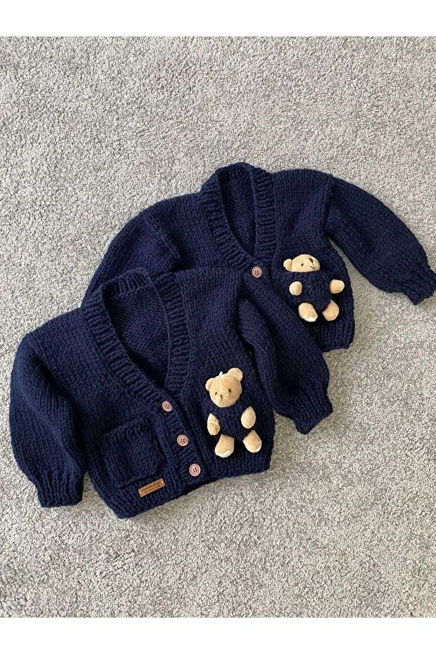 Детский кардиган для мальчиков с принтом Hand Knitted Teddy Bear Detailed Nevalin, Navy Blue — фото 2