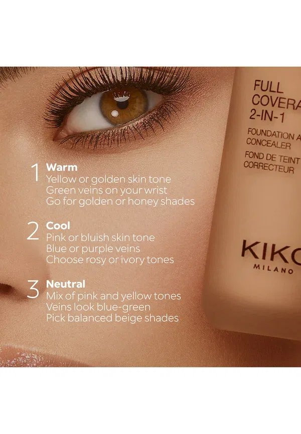 Тональный крем и консилер 2 в 1 с полным покрытием - тональная основа 25 мл Kiko Milano, цвет neutral gold-colored 50 — фото 4