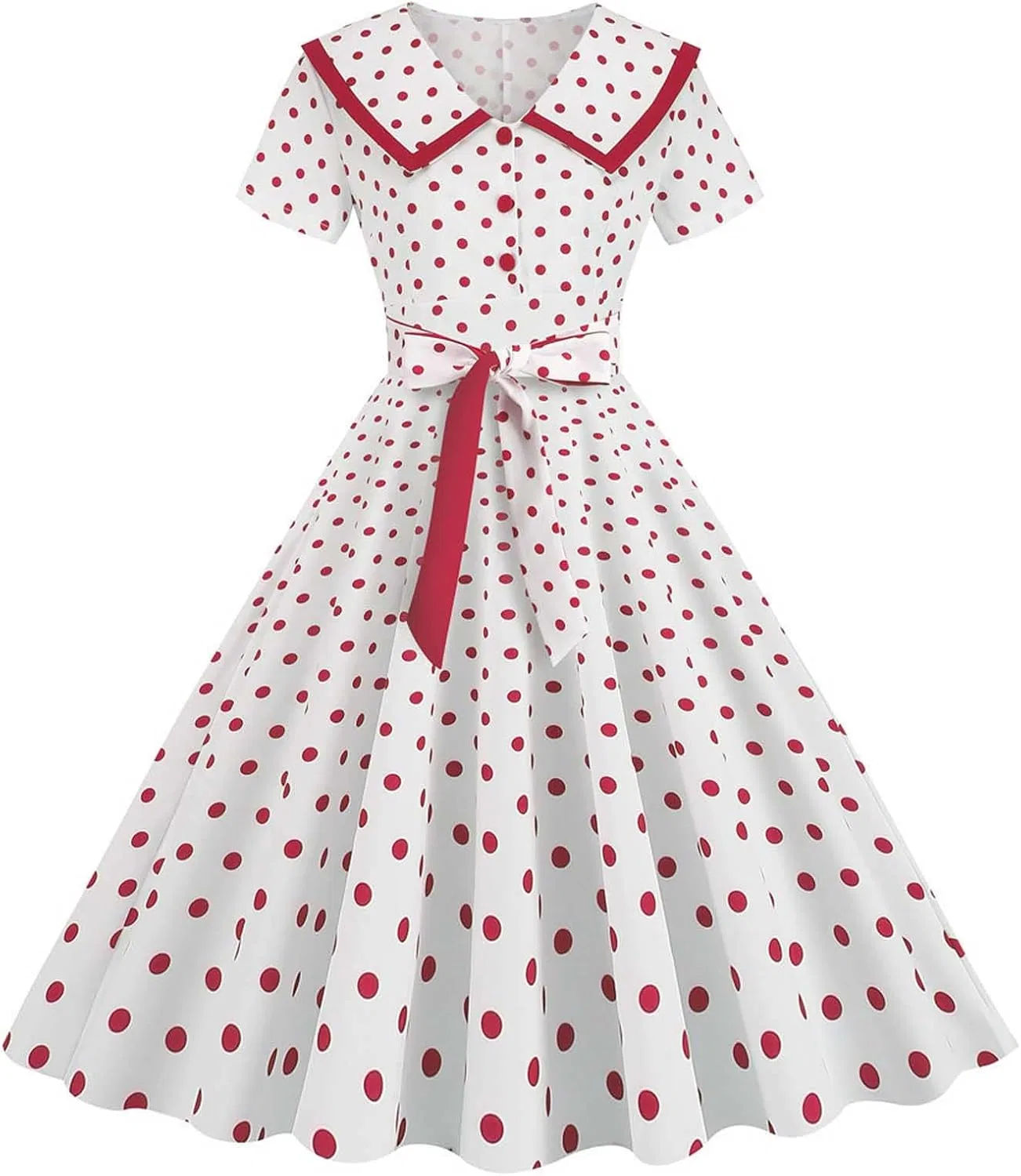 Женское платье миди в горошек с поясом 1950s, Red