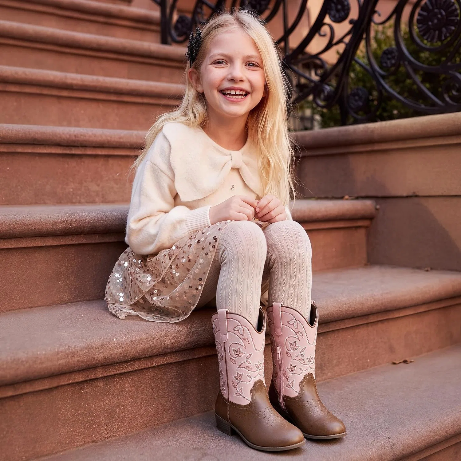 Детские сапоги для девочек с цветочной вышивкой Western Boots DREAM PAIRS, Pink/Brown — фото 2