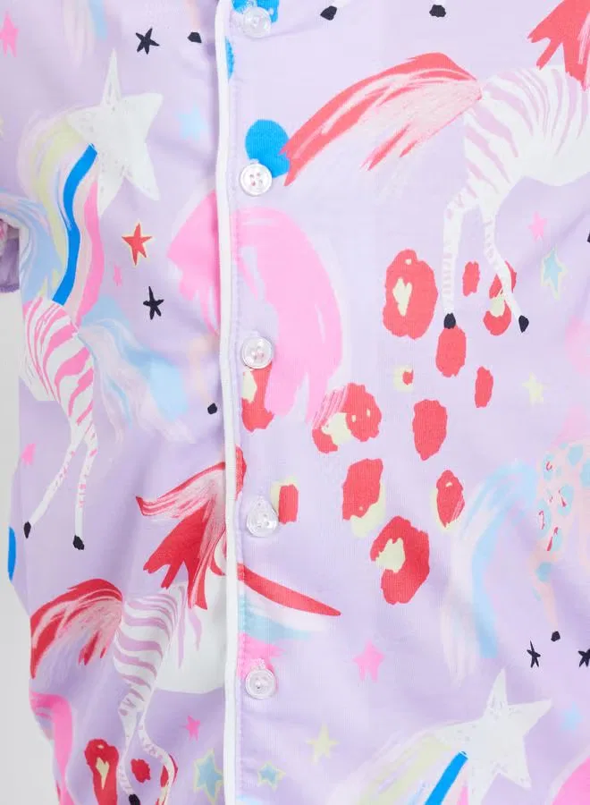 Комплект пижамы с принтом единорога и животных, модель Unicorn Print, Styli, лиловый — фото 4