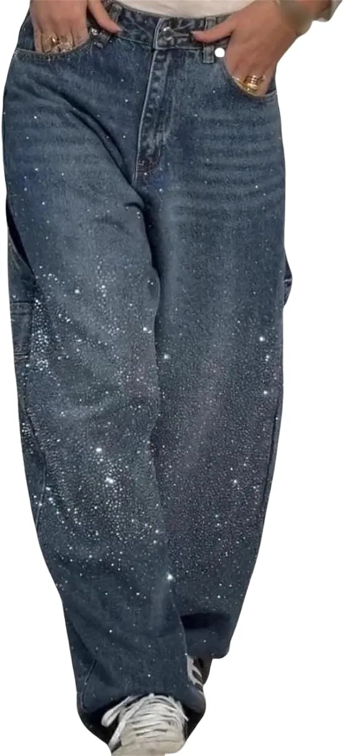 Женские джинсы с принтом, модель Straight Wide Leg Sparkly Pearl Jeans, розовый — фото 2