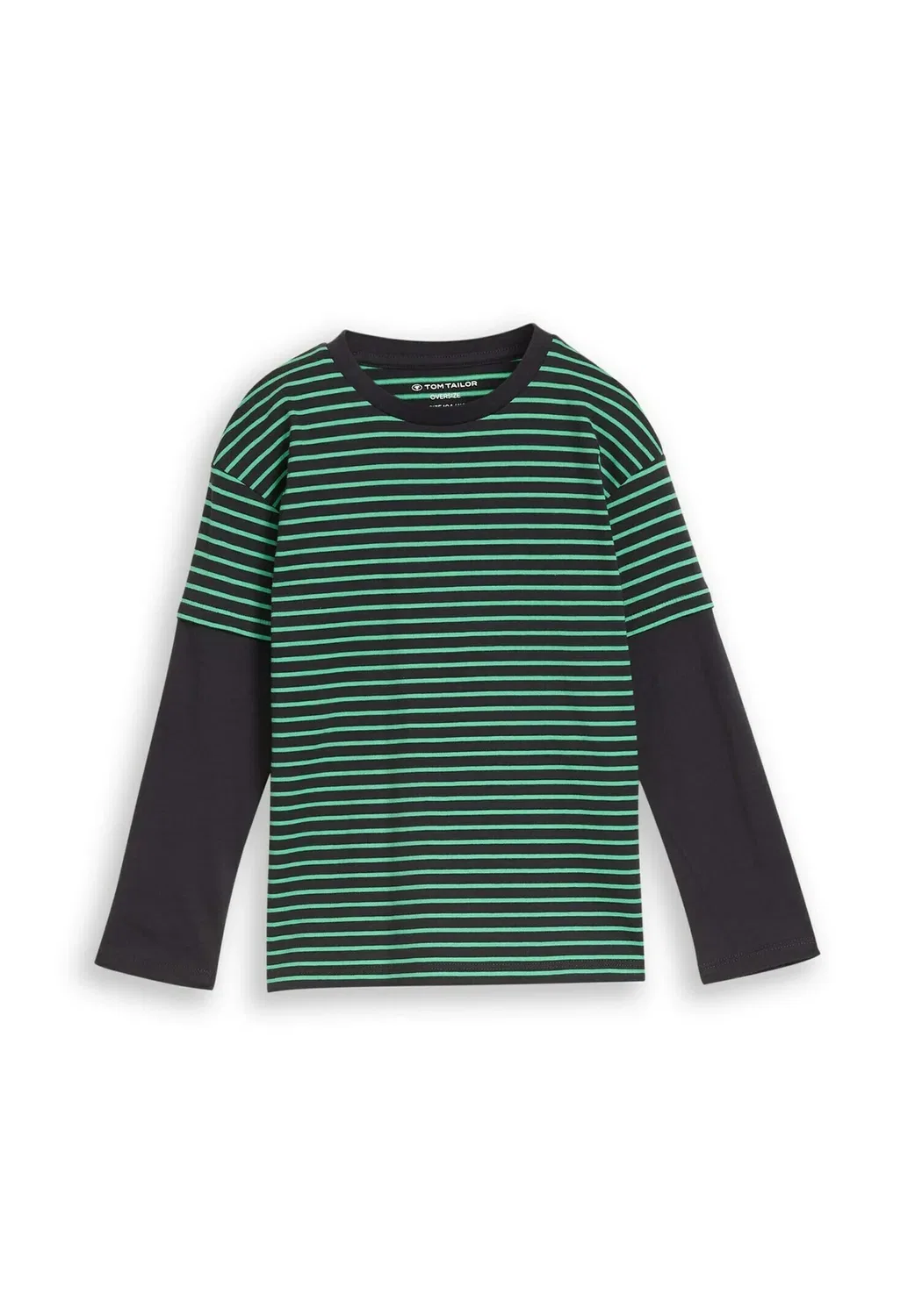 Футболка оверсайз, лонгслив, модель 2-в-1 - топ с длинными рукавами Tom Tailor, Green Grey Small Stripe