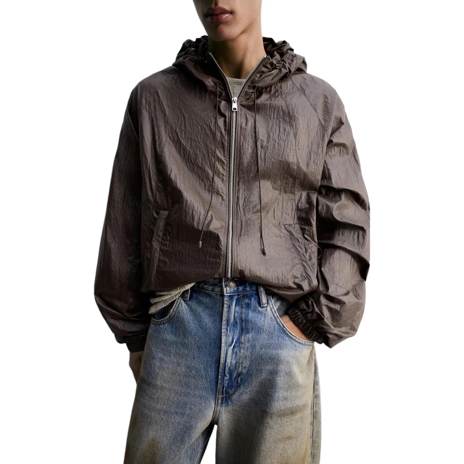 Мужская куртка с капюшоном тонкая Brown ZARA, Коричневый — фото 4
