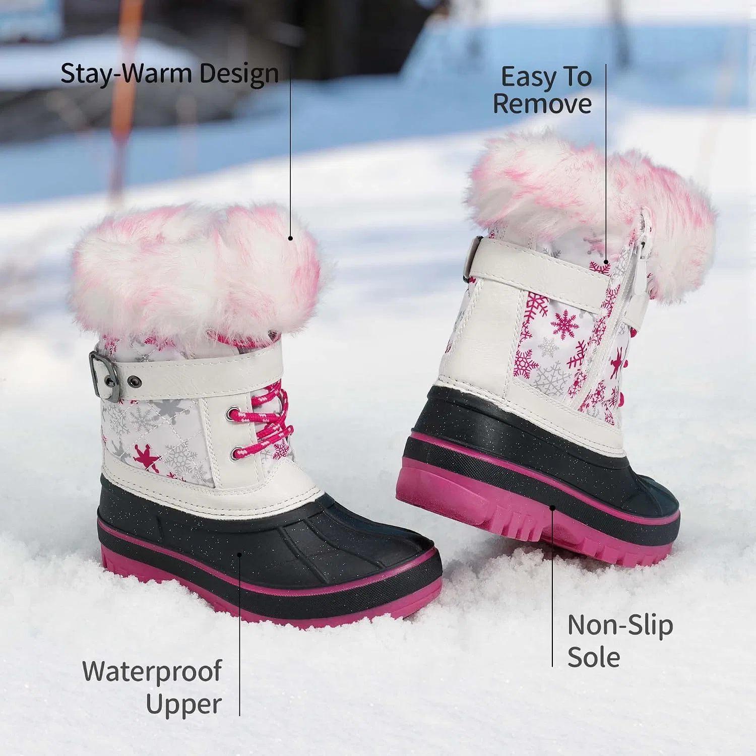 Детские зимние ботинки для девочек с меховой подкладкой DREAM PAIRS, White/Fuchsia — фото 4