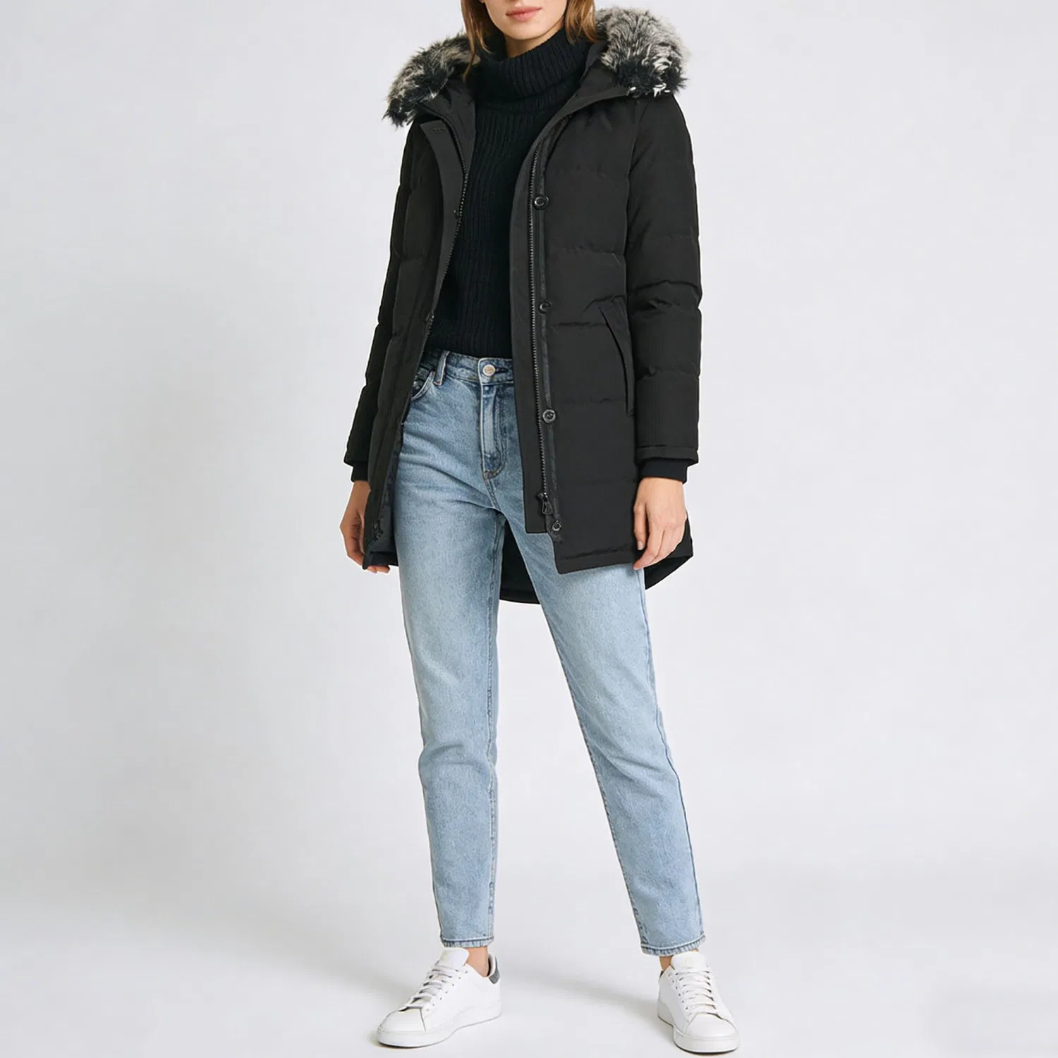 Женская зимняя куртка с принтом, модель Women Winter Padded Coat Thick Snow Jacket Removable Faux Fur Hood Insulated Outerwear, Nero — фото 2