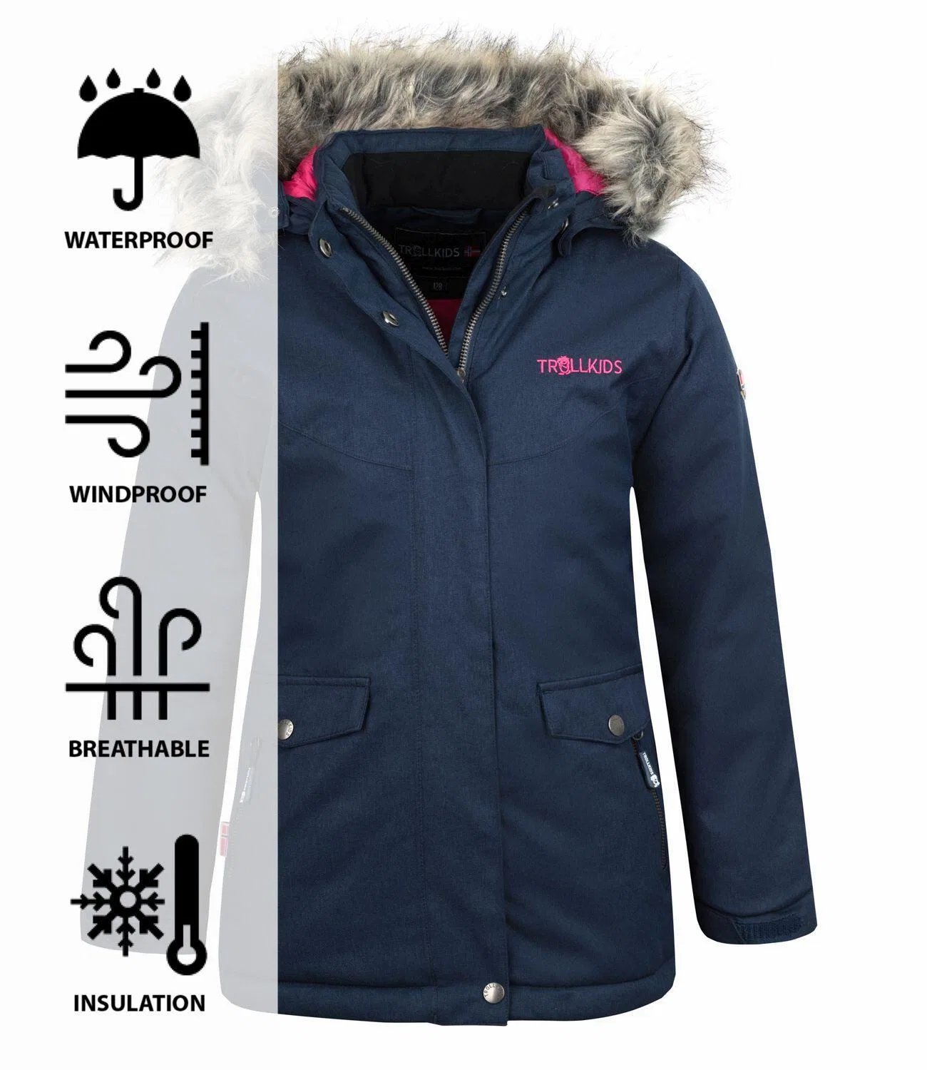 Детское зимнее пальто для девочек с мембраной Oslo Coat XT Trollkids, Navyblau Rosa — фото 3