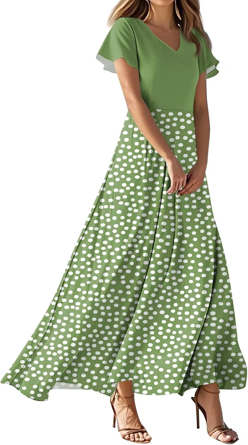 Женское летнее макси-платье с цветочным принтом, V-neck, Green