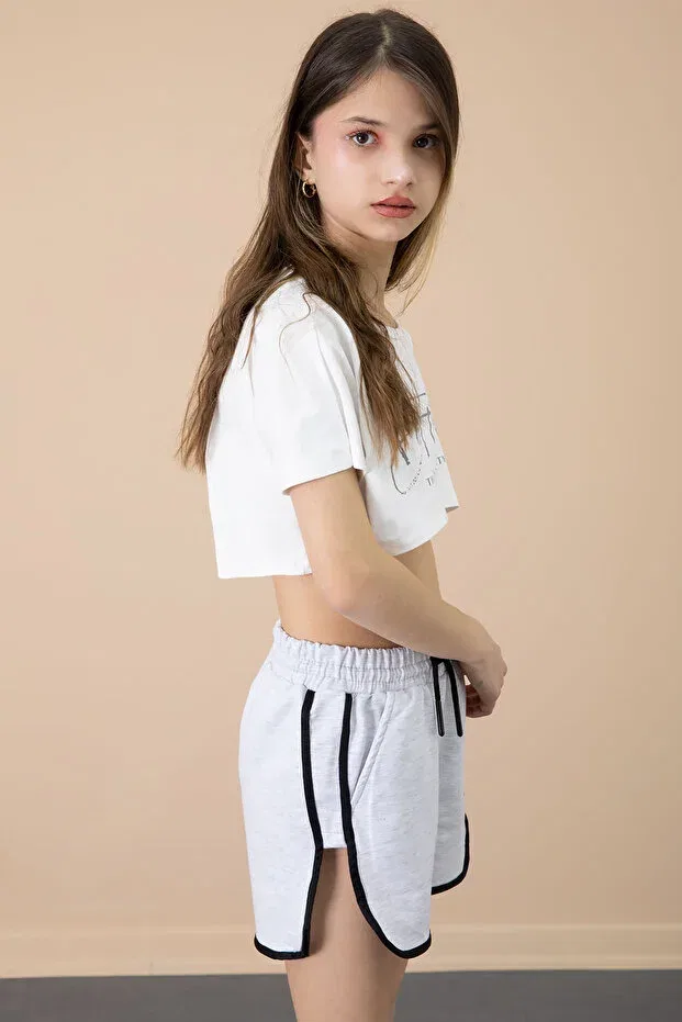 Детские шорты для девочек с принтом Gray Side Slit Flower Cansın Mini, Gray — фото 3