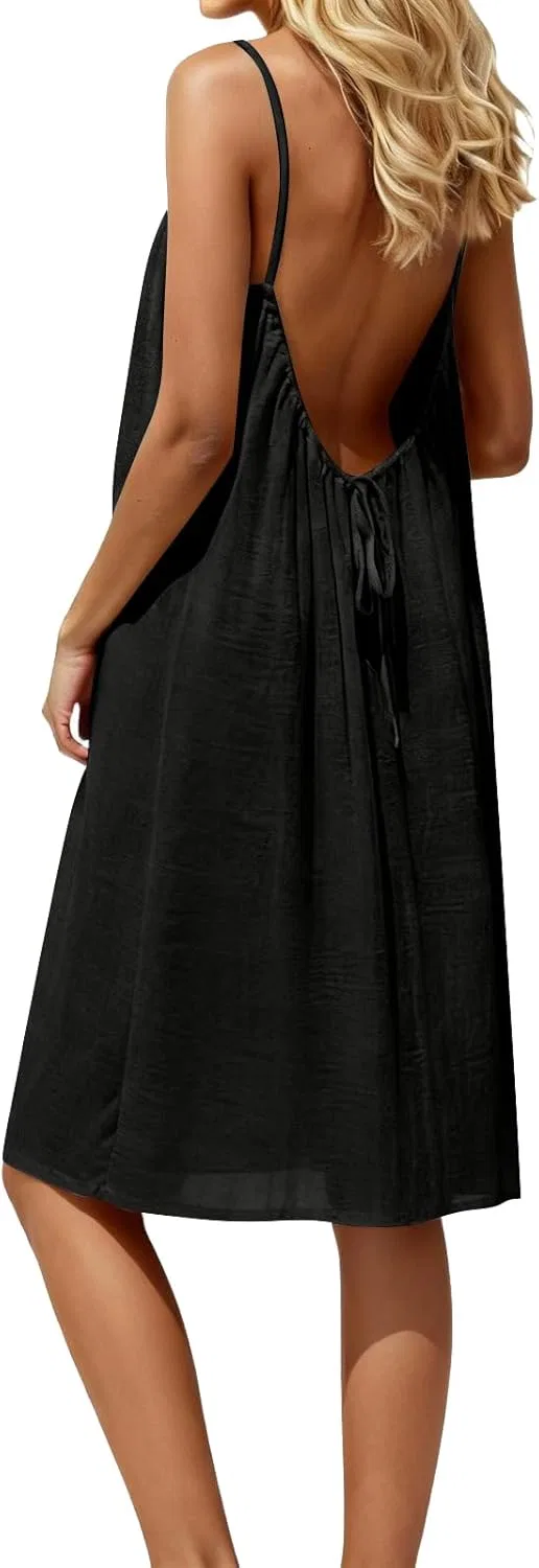 Женское летнее платье миди с открытой спиной, Black