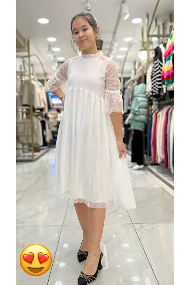 Детское платье для девочек с принтом Polka Dot Patterned Tulle Minimoda Kids, Nude Color — фото 2