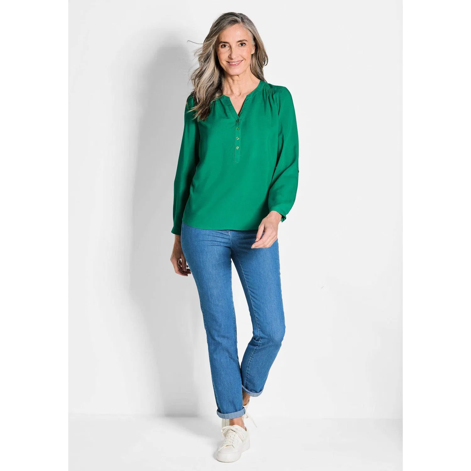 Женская блуза с V-образным вырезом и складками GOLDNER, Dark Green — фото 3