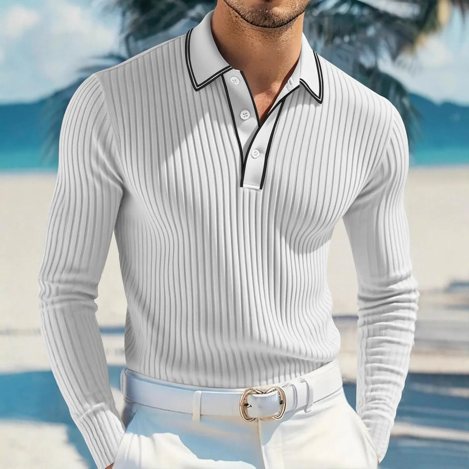 Мужская легкая футболка с отложным воротником Quarter Button Casual, White — фото 2