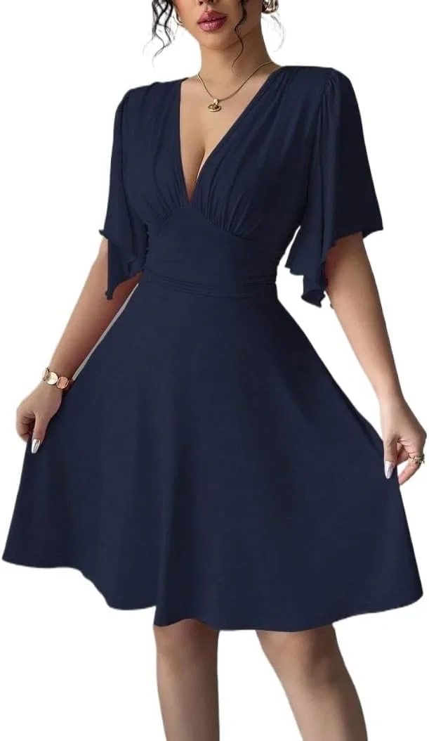Женское мини-платье с рукавами-кимоно V-образным вырезом, Navy Blue