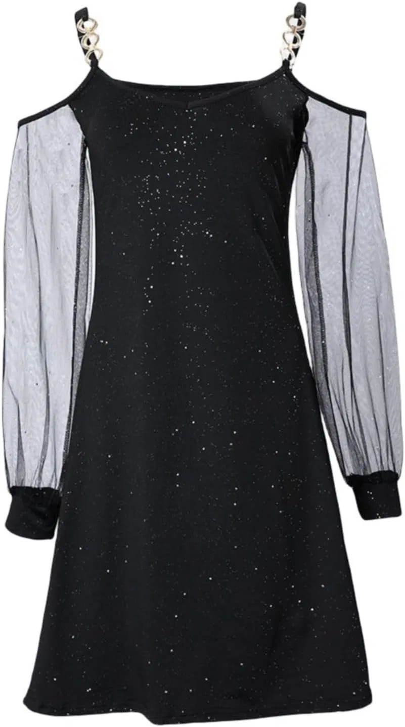 Женское платье с открытыми плечами и принтом, модель Starry Glitter, чёрный — фото 4