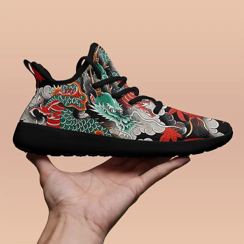 

Мужские динамичные кроссовки для бега по дорогам с принтом дракона, легкие прогулочные кроссовки с мифическим дизайном, черные стильные теннисные туфли AWSOLE, черный/красный/зеленый