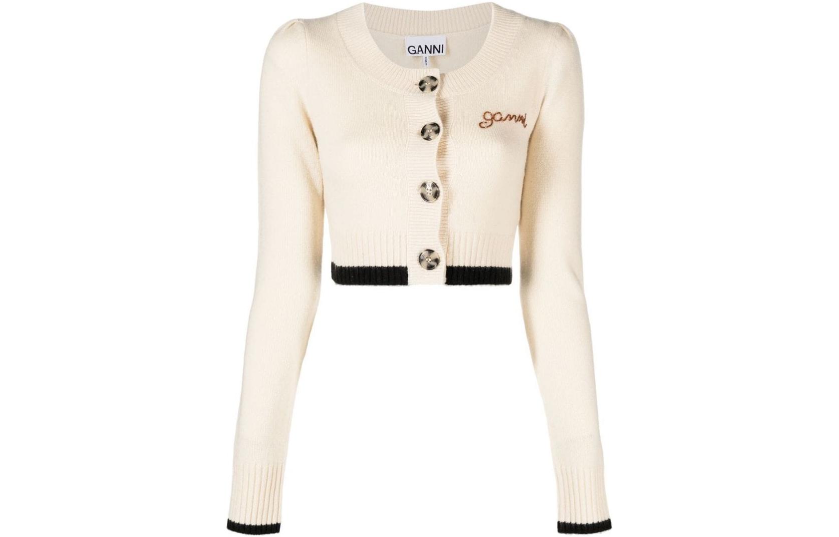 

Короткий кардиган с круглым вырезом GANNI, хаки